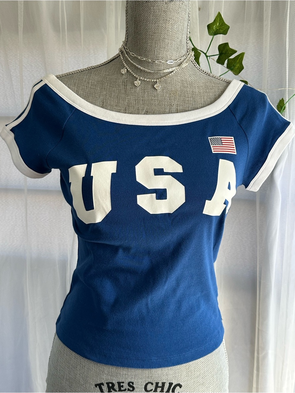 Cold Crush Off-Shoulder USA Scoop Tee in Blue and White